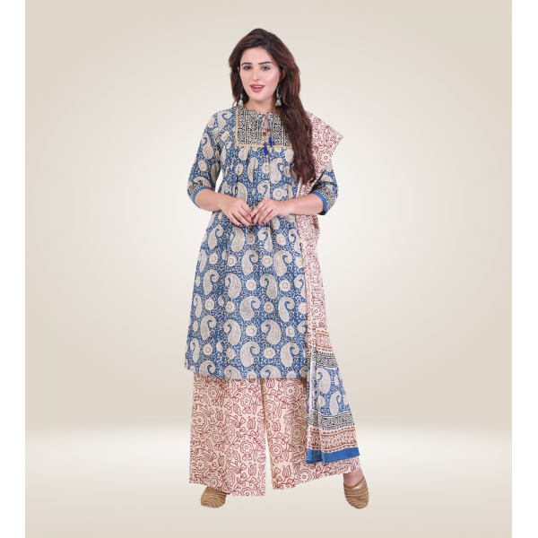 Kurti Bottom Dupatta Set in Block Printed Cotton Fabric