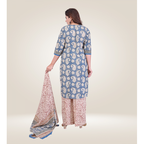 Kurti Bottom Dupatta Set in Block Printed Cotton Fabric