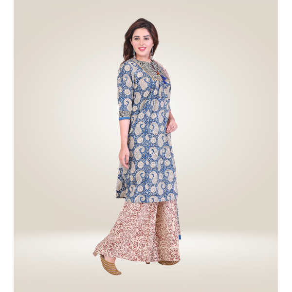 Kurti Bottom Dupatta Set in Block Printed Cotton Fabric