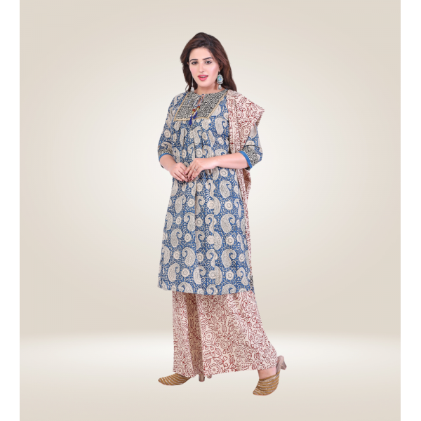 Kurti Bottom Dupatta Set in Block Printed Cotton Fabric