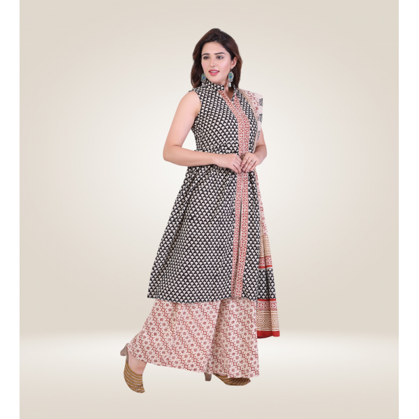 Kurti Bottom Dupatta Set in Block Printed Cotton F...