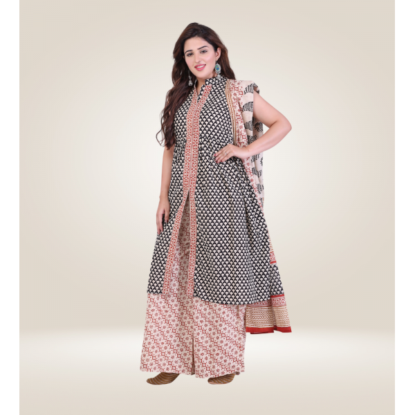 Kurti Bottom Dupatta Set in Block Printed Cotton Fabric