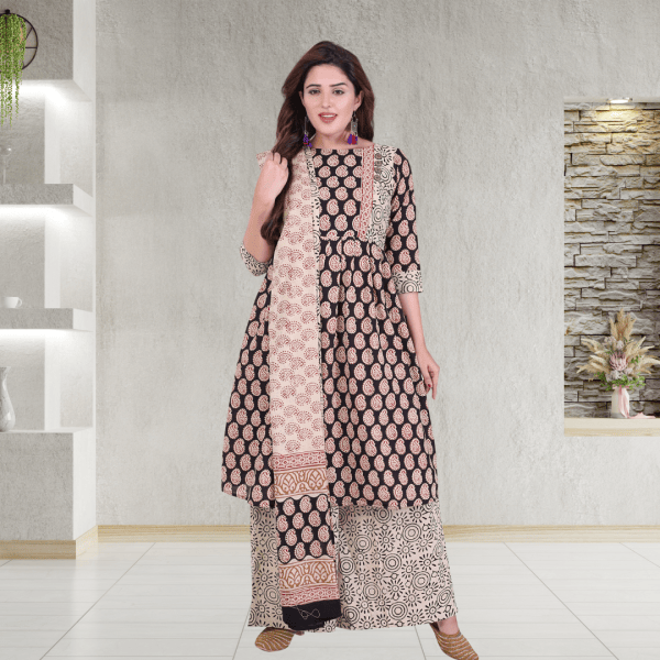 Kurti Bottom Dupatta Set in Block Printed Cotton Fabric